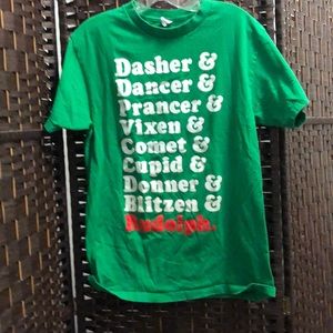 Green Christmas shirt with reindeer names on it